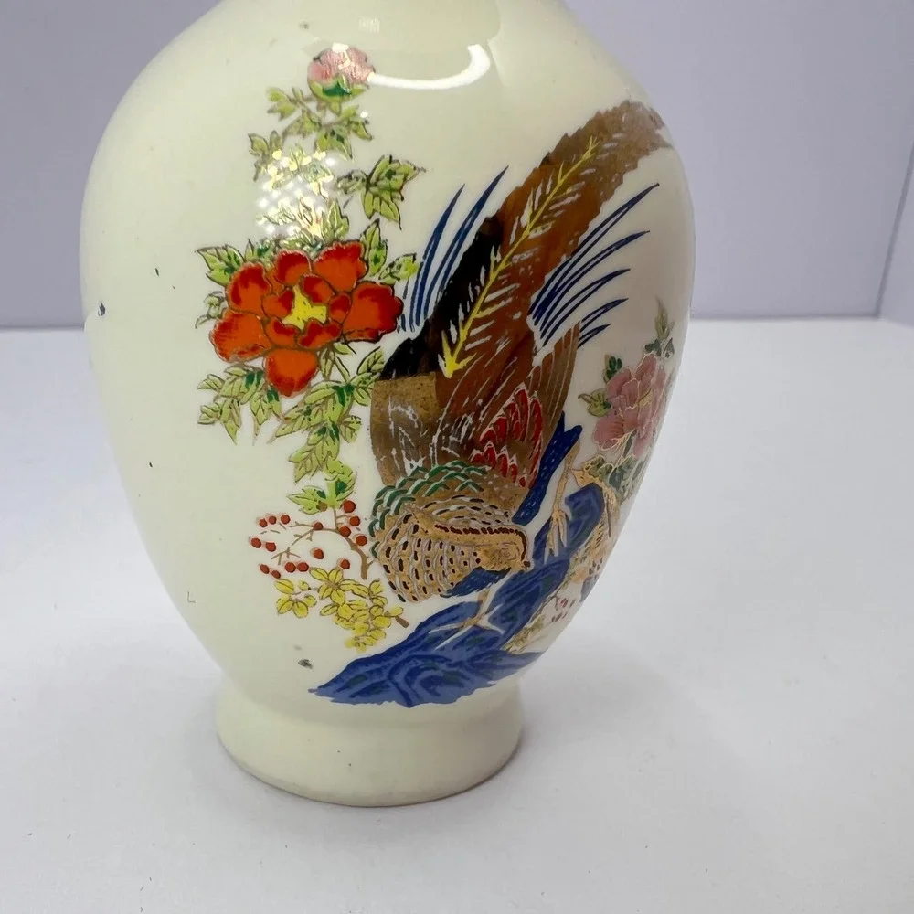 Vintage Bud Vase Pheasant Floral Gold Trim Chinoiserie Decor Grandmillennial